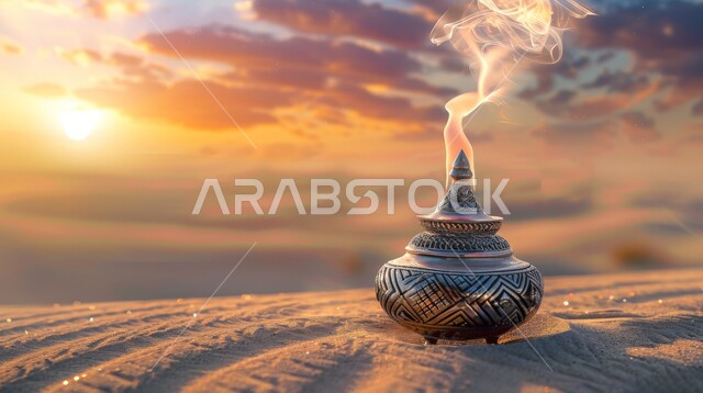 Perfume and fragrance with the best scents and perfumes, the authenticity of customs and traditions in the Kingdom of Saudi Arabia, luxurious oud wood and charcoal, a local Saudi national product, a traditional decorated incense burner placed on the sand, a view of the sunset in the sky