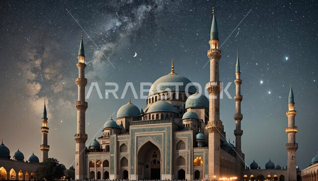 الفن الهندسي المعماري في بناء دور العبادة, رسم ثلاثي الأبعاد لمسجد مضيء ليلاً, مفهوم الطاعة والتقرب إلى الله, تصاميم المآذن والقبب على الطراز الإسلامي، خلفية السماء في وقت الليل