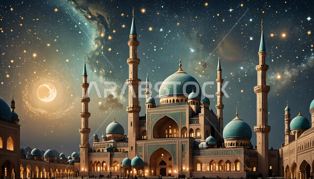 الفن الهندسي المعماري في بناء دور العبادة, رسم ثلاثي الأبعاد لمسجد مضيء ليلاً, مفهوم الطاعة والتقرب إلى الله, تصاميم المآذن والقبب على الطراز الإسلامي، خلفية السماء في وقت الليل