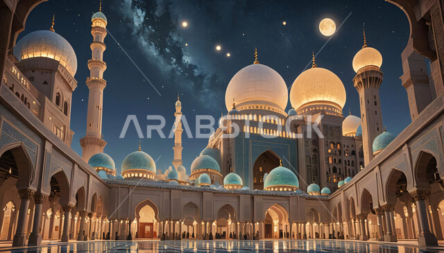 تصاميم المآذن والقبب على الطراز الإسلامي، الفن الهندسي المعماري في بناء دور العبادة, رسم ثلاثي الأبعاد لمسجد مضيء ليلاً, مفهوم الطاعة والتقرب إلى الله، خلفية السماء في وقت الليل