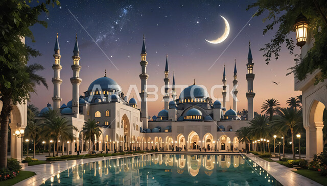 The concept of obedience and closeness to God, designs of minarets and domes in the Islamic style, architectural engineering art in building places of worship, 3D drawing of a mosque illuminated at night, background of the sky at night