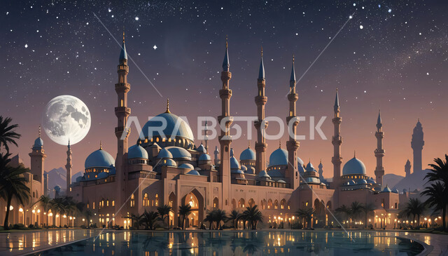 رسم ثلاثي الأبعاد لمسجد مضيء ليلاً، مفهوم الطاعة والتقرب إلى الله، تصاميم المآذن والقبب على الطراز الإسلامي، الفن الهندسي المعماري في بناء دور العبادة، خلفية السماء في وقت الليل