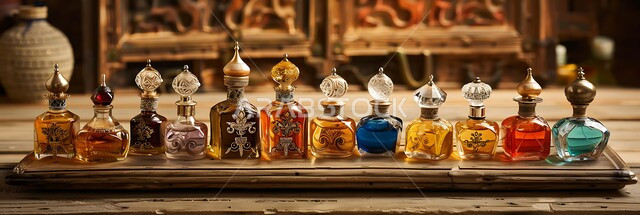 المحلات التجارية لبيع الطيب والعطر العربي، التسوق والتبضع في الأسواق الشعبية السياحية، منتجات وطنية محلية في المملكة العربية السعودية، الروائح العتيقة والزيوت التقليدية التراثية، مجموعة من زجاجات العطور المزخرفة الملونة معروضة على صينية خشبية