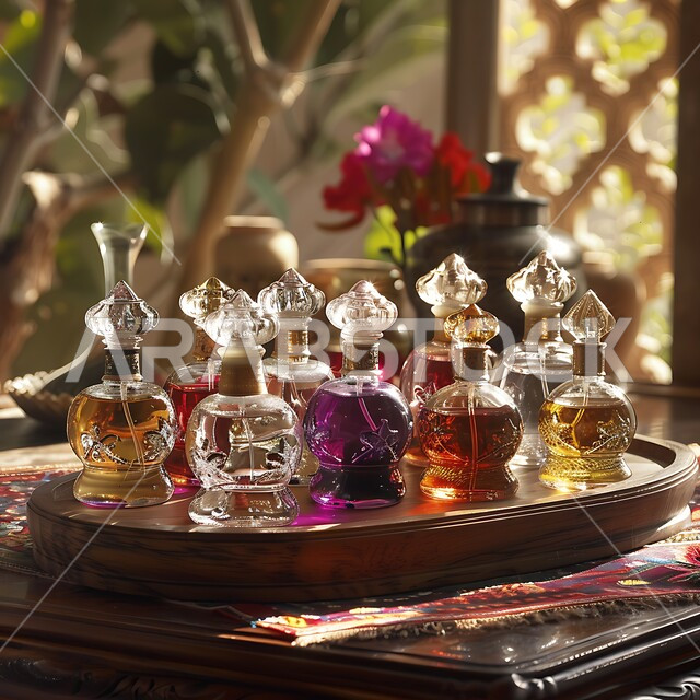 مجموعة من زجاجات العطور المزخرفة الملونة معروضة على صينية خشبية، المحلات التجارية لبيع الطيب والعطر العربي، التسوق والتبضع في الأسواق الشعبية السياحية، منتجات وطنية محلية في المملكة العربية السعودية، الروائح العتيقة والزيوت التقليدية التراثية