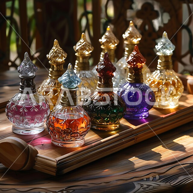 الروائح العتيقة والزيوت التقليدية التراثية، مجموعة من زجاجات العطور المزخرفة الملونة معروضة على صينية خشبية، المحلات التجارية لبيع الطيب والعطر العربي، التسوق والتبضع في الأسواق الشعبية السياحية، منتجات وطنية محلية في المملكة العربية السعودية