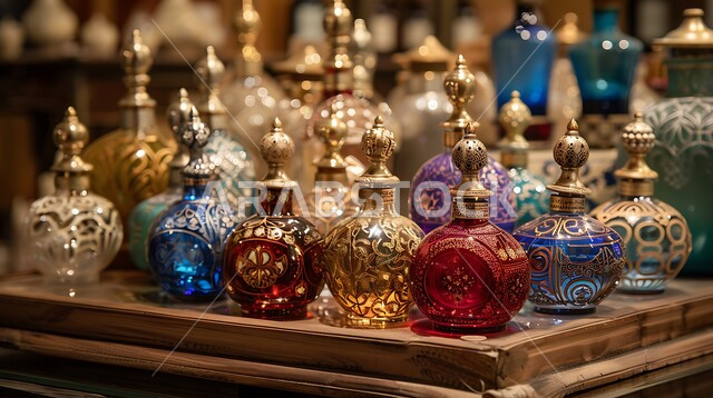 مجموعة من زجاجات العطور المزخرفة الملونة معروضة على صينية خشبية، المحلات التجارية لبيع الطيب والعطر العربي، التسوق والتبضع في الأسواق الشعبية السياحية، منتجات وطنية محلية في المملكة العربية السعودية، الروائح العتيقة والزيوت التقليدية التراثية
