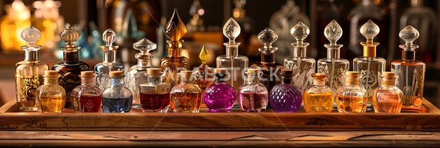 المحلات التجارية لبيع الطيب والعطر العربي، التسوق والتبضع في الأسواق الشعبية السياحية، منتجات وطنية محلية في المملكة العربية السعودية، الروائح العتيقة والزيوت التقليدية التراثية، مجموعة من زجاجات العطور المزخرفة الملونة معروضة على صينية خشبية