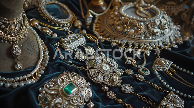 أناقة ومهارة صنع الاكسسوارات الثمينة، القلائد والأساور المعقدة وخواتم الأحجار الكريمة، المجوهرات التقليدية الذهبية على خلفية مخملية، الحلي النسائية الفاخرة المصنوعة من الذهب في السعودية، أسواق الصاغة في المملكة