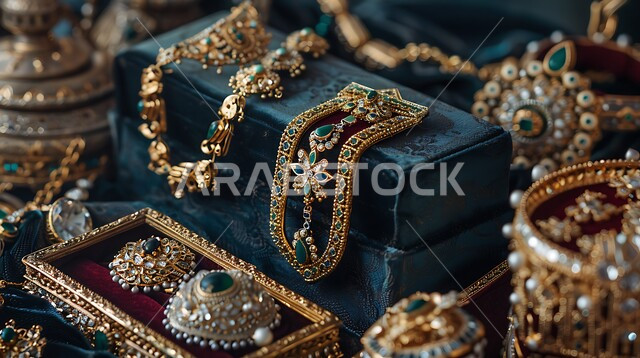 أسواق الصاغة في المملكة، أناقة ومهارة صنع الاكسسوارات الثمينة، القلائد والأساور المعقدة وخواتم الأحجار الكريمة، المجوهرات التقليدية الذهبية على خلفية مخملية، الحلي النسائية الفاخرة المصنوعة من الذهب في السعودية