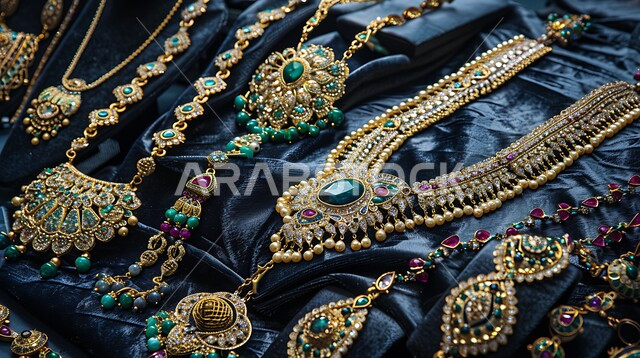 القلائد والأساور المعقدة وخواتم الأحجار الكريمة، المجوهرات التقليدية الذهبية على خلفية مخملية، الحلي النسائية الفاخرة المصنوعة من الذهب في السعودية، أسواق الصاغة في المملكة، أناقة ومهارة صنع الاكسسوارات الثمينة