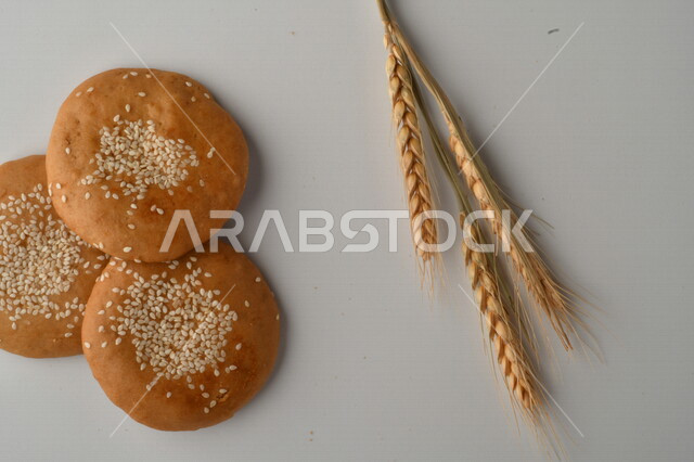 مجموعة من نباتات القمح ، صورة مقربة لبسكويت القمح الهشة والمقرمشة على خلفية بيضاء