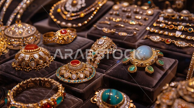 أناقة ومهارة صنع الاكسسوارات الثمينة، القلائد والأساور المعقدة وخواتم الأحجار الكريمة، المجوهرات التقليدية الذهبية على خلفية مخملية، الحلي النسائية الفاخرة المصنوعة من الذهب في السعودية، أسواق الصاغة في المملكة