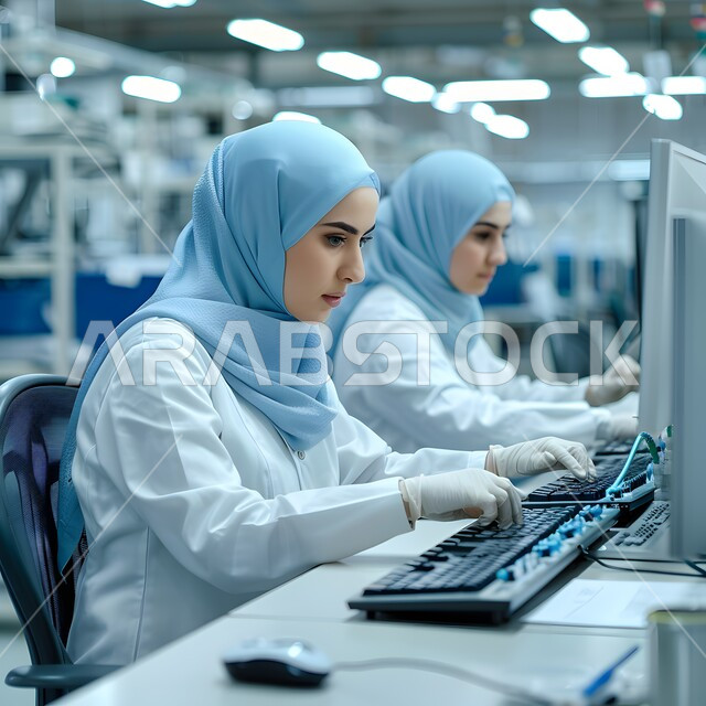 مفهوم البحث والتطوير العلمي في مجال الطب والكيمياء، مختبرات الفحوصات الطبية والتحاليل الكيمائية، إجراء تجارب وبحوث علمية عبر التكنولوجيا الحيوية، امراتان عربيتان خليجيتان سعوديتان تقومان بالعمل في المخبر