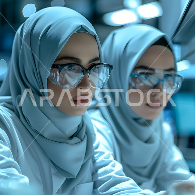 مختبرات الفحوصات الطبية والتحاليل الكيمائية، إجراء تجارب وبحوث علمية عبر التكنولوجيا الحيوية، امراتان عربيتان خليجيتان سعوديتان تقومان بالعمل في المخبر، مفهوم البحث والتطوير العلمي في مجال الطب والكيمياء