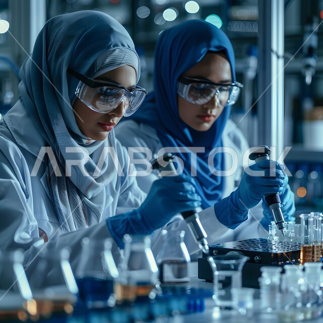 استعمال الأنابيب الزجاجية المعقمة لتحليل العينات المختلفة، معمل الصناعات الدوائية، مختبرات الفحوصات الطبية والتحاليل الكيمائية، امراتان عربيتان خليجيتان سعوديتان ترتدي نظارات الحماية والمعطف الطبي تقومان بإجراء التجارب والبحوث العلمية عبر التكنولوجيا الحيوية