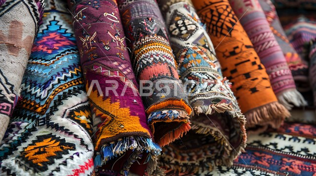 حياكة وغزل السجاد في المصانع والمعامل، مجموعة من السجاد الملون والمزخرف من التراث السعودي، الفن الشعبي الحرفي التقليدي، منتجات صناعية محليه وطنيه، ورشة عمل لصناعة السجاد، أسواق تقليدية في المملكة العربية السعودية