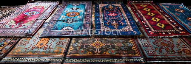 Local and national industrial products, carpet making workshop, traditional markets in the Kingdom of Saudi Arabia, carpet weaving and spinning in factories and workshops, a collection of colorful and decorated carpets from the Saudi heritage, traditional folk art