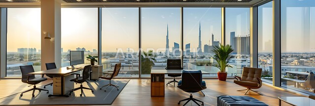 الاطلالة المتميزة على الأبراج وناطحات السحاب في مدينة الرياض, المناظر الحضارية والتقدم العمراني, تجهيزات مكتبية حديثة بأثاث أنيق ومريح، تصميم عصري لمكاتب شركات المملكة, تصاميم داخلية وديكورات راقية على الطراز الحديث, واجهات زجاجية ضخمة في مكتب العمل