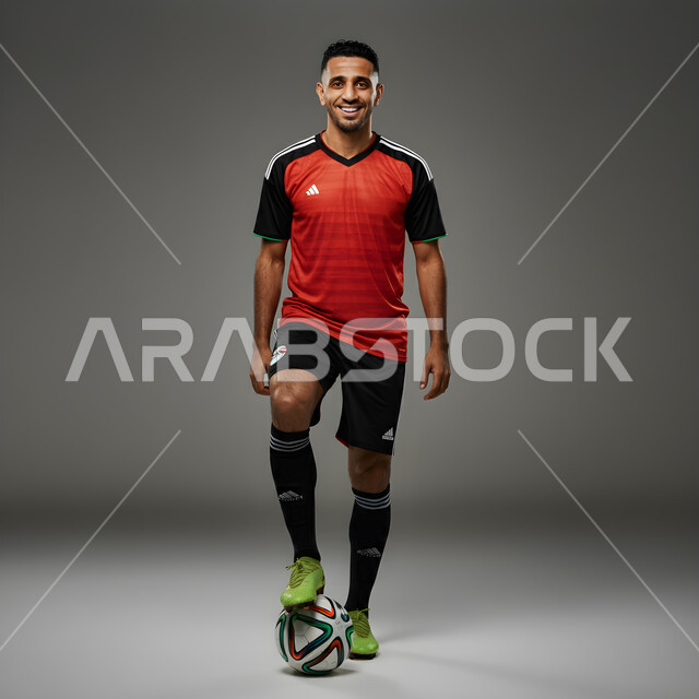 الوقوف باستقامة والنظر الى الكاميرا، اتقان الرياضات السعودية الشبابية، ممارسة الهوايات الرياضية، بورتريه  لشاب عربي خليجي سعودي يرتدي الملابس الرياضية يضع قدمه على الكرة بتعابيرالسعادة والثقة بالنفس، الطول الكامل للجسم، خلفية رمادية