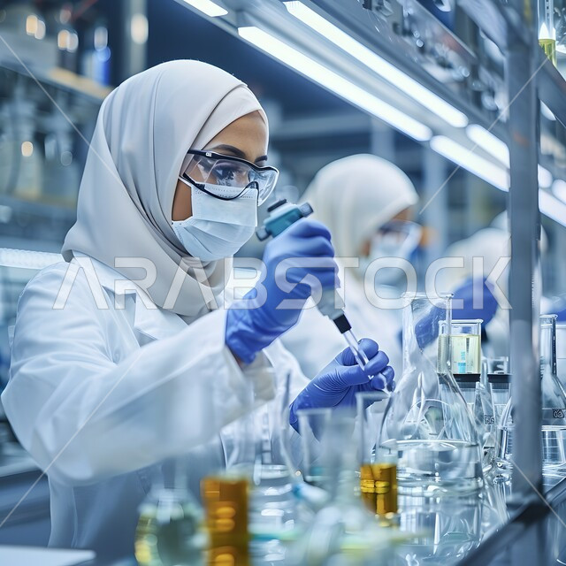 معمل الصناعات الدوائية، استعمال الأنابيب الزجاجية المعقمة لتحليل العينات المختلفة، مختبرات الفحوصات الطبية والتحاليل الكيمائية، امراتان عربيتان خليجيتان سعوديتان ترتدي نظارات الحماية والمعطف الطبي تقومان بإجراء التجارب والبحوث العلمية عبر التكنولوجيا الحيوية