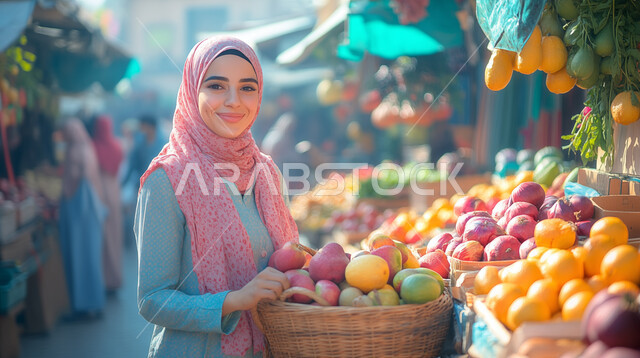 أنواع وأصناف من الفواكه الطازجة المختلفه في الأسواق الشعبية التقليدية، إمرأة عربية سعودية خليجية محجبة تحمل سلة من الفاكهة في متجر لبيع الاحتياجات والمستلزمات المنزلية، عرض المواد الغذائيه والتموينات المحليه في الماركت, منتجات ومحاصيل زراعية وطنية سعودية