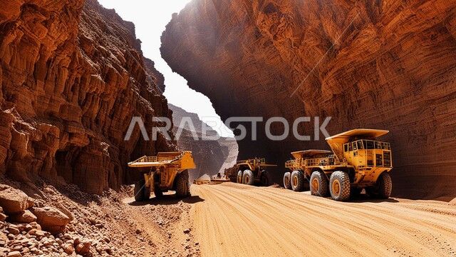 أماكن مناجم الفحم الطبيعي، مناطق التنقيب عن الثروات الباطنية، الطبيعة الصخرية وتضاريس السلاسل الجبلية، المرتفعات وقمم الجبال في المملكة العربية السعودية، سيارة شحن كبيرة تقوم بالعمل في موقع التعدين، التخلص من الأتربة والصخور ونقلها بعيدا