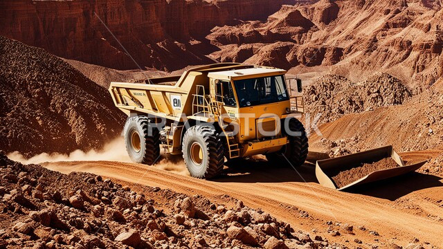 أماكن مناجم الفحم الطبيعي، مناطق التنقيب عن الثروات الباطنية، الطبيعة الصخرية وتضاريس السلاسل الجبلية، المرتفعات وقمم الجبال في المملكة العربية السعودية، سيارة شحن كبيرة تقوم بالعمل في موقع التعدين، التخلص من الأتربة والصخور ونقلها بعيدا