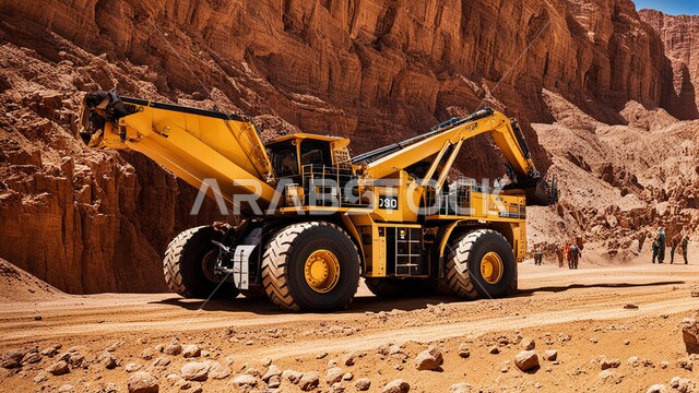 أماكن مناجم الفحم الطبيعي، مناطق التنقيب عن الثروات الباطنية، الطبيعة الصخرية وتضاريس السلاسل الجبلية، المرتفعات وقمم الجبال في المملكة العربية السعودية، سيارة شحن كبيرة تقوم بالعمل في موقع التعدين، التخلص من الأتربة والصخور ونقلها بعيدا