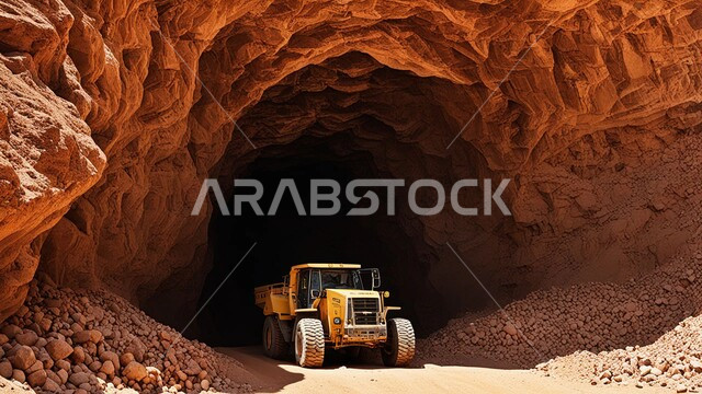 أماكن مناجم الفحم الطبيعي، مناطق التنقيب عن الثروات الباطنية، الطبيعة الصخرية وتضاريس السلاسل الجبلية، المرتفعات وقمم الجبال في المملكة العربية السعودية، سيارة شحن كبيرة تقوم بالعمل في موقع التعدين، التخلص من الأتربة والصخور ونقلها بعيدا