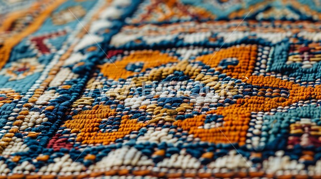 نقوشات وزخارف من التراث السعودي، الفن التراثي الحرفي التقليدي، منتجات صناعية محليه وطنيه، حرف ومهن شعبية, حياكة وغزل وصناعة السجاد في مصانع ومعامل المملكة العربية السعودية، صورة مقربة لسجادة بأنماط هندسية ملونة