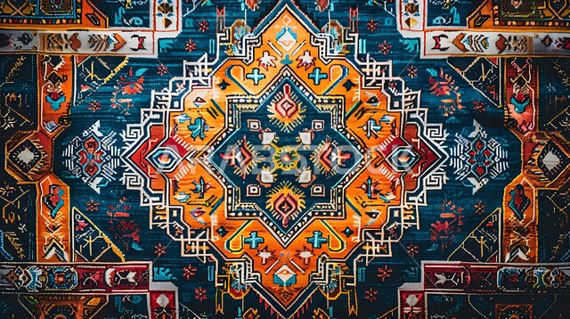 Carpet weaving, spinning and manufacturing in Saudi factories and workshops, quality of designs and traditional old Gulf industries, engravings and decorations from Saudi heritage, traditional handicraft heritage art, local national industrial products, popular crafts and professions, close-up image of a carpet with colorful geometric patterns