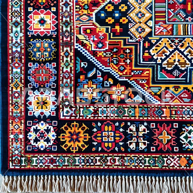 Engravings and decorations from Saudi heritage, traditional handicraft heritage art, local national industrial products, popular crafts and professions, weaving, spinning and carpet manufacturing in factories and workshops of the Kingdom of Saudi Arabia, close-up image of a carpet with colorful geometric patterns