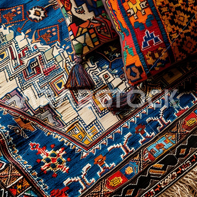 Engravings and decorations from Saudi heritage, traditional handicraft heritage art, local national industrial products, popular crafts and professions, weaving, spinning and carpet manufacturing in factories and workshops of the Kingdom of Saudi Arabia, close-up image of a carpet with colorful geometric patterns