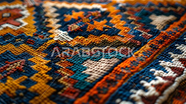 نقوشات وزخارف من التراث السعودي، الفن التراثي الحرفي التقليدي، منتجات صناعية محليه وطنيه، حرف ومهن شعبية, حياكة وغزل وصناعة السجاد في مصانع ومعامل المملكة العربية السعودية، صورة مقربة لسجادة بأنماط هندسية ملونة