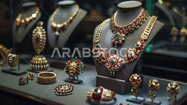التراث السعودي التقليدي, الصناعات الحرفية الخليجية, الحلي النسائية الفاخرة المصنوعة من الذهب في السعودية، أسواق الصاغة في المملكة، أناقة ومهارة صنع الاكسسوارات الثمينة، القلائد والأساور المعقدة وخواتم الأحجار الكريمة، المجوهرات التقليدية الذهبية