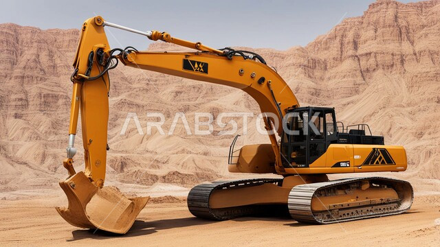 Natural coal mines, exploration areas for underground resources, rocky nature and terrain of mountain ranges, highlands and mountain peaks in the Kingdom of Saudi Arabia, a large cargo truck working at the mining site, removing dirt and rocks and transporting them away