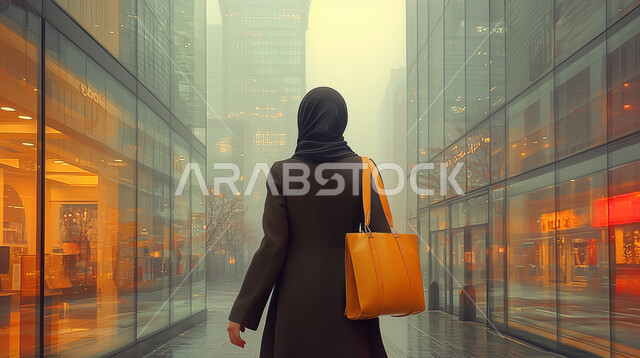 تصاميم وديكورات خارجية عصرية متميزة على الطراز الحديث, صورة من الخلف لإمرأة عربية سعودية خليجية محجبة ترتدي عباءة سوداء وتحمل حقيبة برتقالي تمشي في المدينة، الفن الهندسي المعماري المتطور للمباني في المملكة العربية السعودية، الواجهات الزجاجية الضخمة
