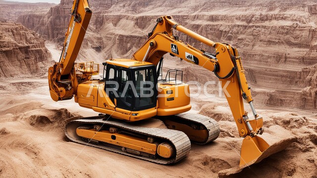 Natural coal mines, exploration areas for underground resources, rocky nature and terrain of mountain ranges, highlands and mountain peaks in the Kingdom of Saudi Arabia, a large cargo truck working at the mining site, removing dirt and rocks and transporting them away