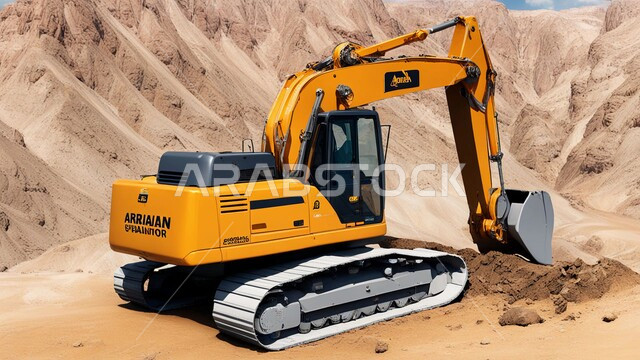 Natural coal mines, exploration areas for underground resources, rocky nature and terrain of mountain ranges, highlands and mountain peaks in the Kingdom of Saudi Arabia, a large cargo truck working at the mining site, removing dirt and rocks and transporting them away
