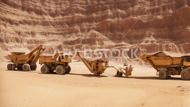  Natural coal mines, exploration areas for underground resources, rocky nature and terrain of mountain ranges, highlands and mountain peaks in the Kingdom of Saudi Arabia, a large cargo truck working at the mining site, removing dirt and rocks and transporting them away