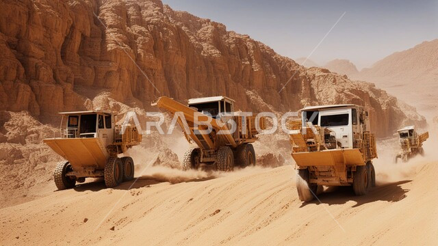 أماكن مناجم الفحم الطبيعي، مناطق التنقيب عن الثروات الباطنية، الطبيعة الصخرية وتضاريس السلاسل الجبلية، المرتفعات وقمم الجبال في المملكة العربية السعودية، سيارة شحن كبيرة تقوم بالعمل في موقع التعدين، التخلص من الأتربة والصخور ونقلها بعيدا