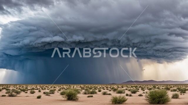 غبار العاصفة الرملية في الصحراء, رياح ترابية في المناطق الصحراوية, الكثبان والرمال الذهبية الناعمة، التشكيلات والتكوينات الرملية في المملكة العربية السعودية, منظر السماء الممتلئة بالغيوم الداكنة، الزوابع الغبارية القوية