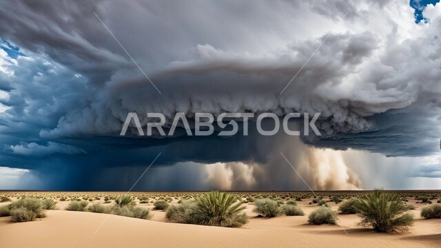 أجواء وطقوس قاسية, غبار العاصفة الرملية في الصحراء, رياح ترابية في المناطق الصحراوية, الكثبان والرمال الذهبية الناعمة، التشكيلات والتكوينات الرملية في المملكة العربية السعودية, منظر السماء الممتلئة بالغيوم الداكنة، الزوابع الغبارية القوية