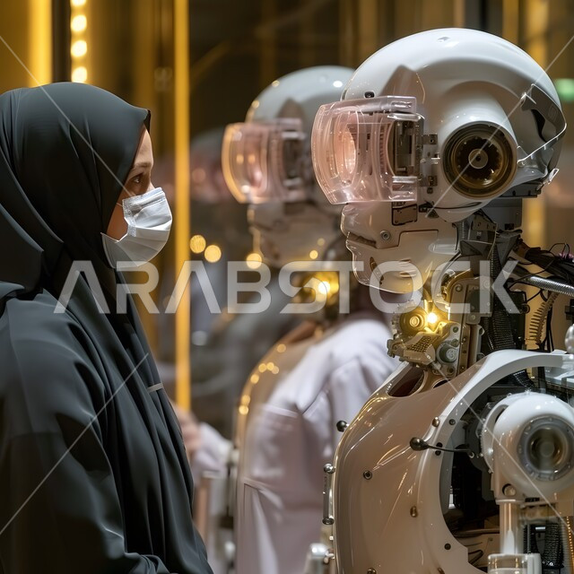 تكنولوجيا رؤية مستقبلية سعودية 2030, التحول الرقمي والتقدم التقني، رجلان آليان عصريان متطوران, صورة مقربة لامرأة عربية خليجية سعودية محجبة ترتدي الكمامة تقف مع روبوتان ذكيان, برمجة وتحديث تقنية الذكاء الاصطناعي،  اتباع الإجراءات الوقائية من فايروس كورونا