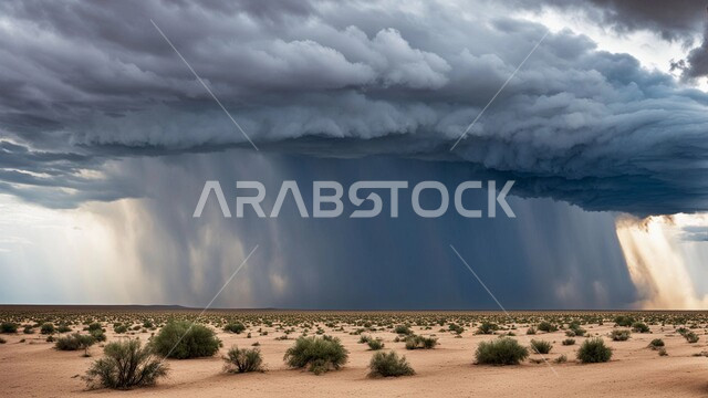 منظر السماء الممتلئة بالغيوم الداكنة، الزوابع الغبارية القوية, غبار العاصفة الرملية في الصحراء, رياح ترابية في المناطق الصحراوية, الكثبان والرمال الذهبية الناعمة، التشكيلات والتكوينات الرملية في المملكة العربية السعودية