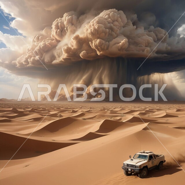 منظر الإعصار الهوائي، رياح ترابية في المناطق الصحراوية, الكثبان والرمال الذهبية الناعمة، التشكيلات والتكوينات الرملية, الزوابع الغبارية القوية, سيارة جيمس تسير وسط الصحراء, أماكن المغامرات الشيقة والرحلات الشبابية في المملكة العربية السعودية
