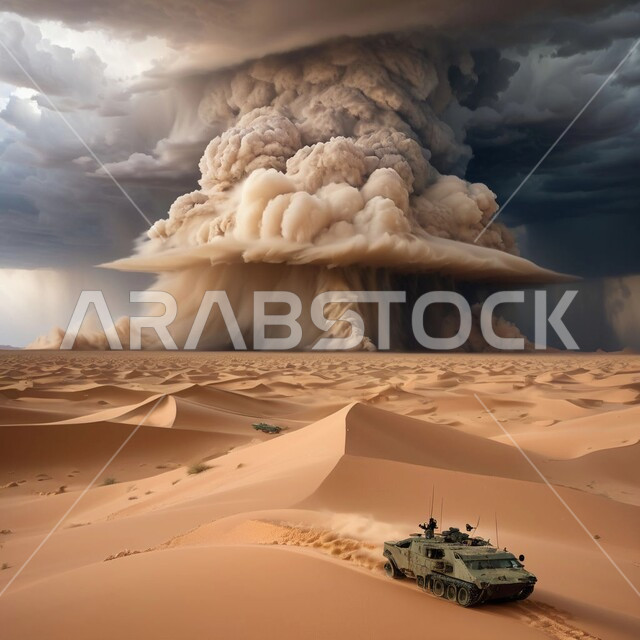 دبابة حربية تسير وسط الصحراء, منظر الإعصار الهوائي، رياح ترابية في المناطق الصحراوية, الكثبان والرمال الذهبية الناعمة، التشكيلات والتكوينات الرملية, الزوابع الغبارية القوية