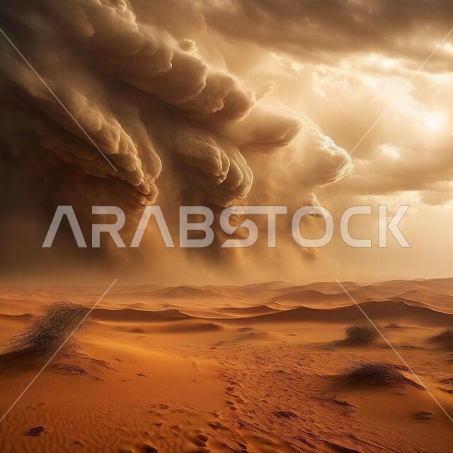منظر الإعصار الهوائي في الصحراء, الزوابع الغبارية القوية, رياح ترابية في المناطق الصحراوية, الكثبان والرمال الذهبية الناعمة، التشكيلات والتكوينات الرملية في المملكة العربية السعودية