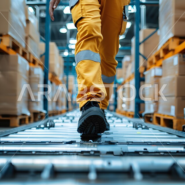 تطور ونمو القطاع الهندسي في المملكة، مهن ووظائف هندسية سعودية، صورة مقربة من الاسفل لأقدام رجل عربي خليجي سعودي يرتدي يونيفورم العمل يتنقل داخل أحد المصانع، ايماءات المشي والتقدم للأمام