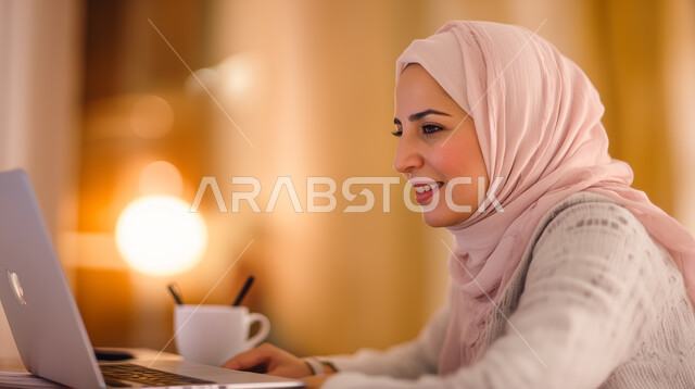 مهن ووظائف ادارية مكتبية, استخدام الأجهزة التكنولوجية الحديثة والمتطورة، إدارة شؤون الأعمال وتنظيمها، صورة لسيدة عربية خليجية سعودية مبتسمة تقوم بالعمل على الحاسوب داخل المكتب، العمل لتحقيق الاهداف والاستراتيجيات